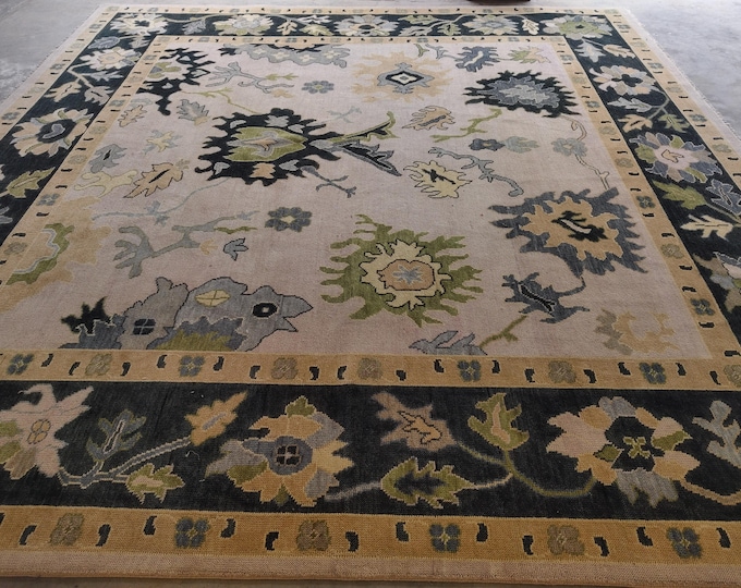 Handmade Wool Area Rug | Navy, Beige, Green Floral, Persian Design