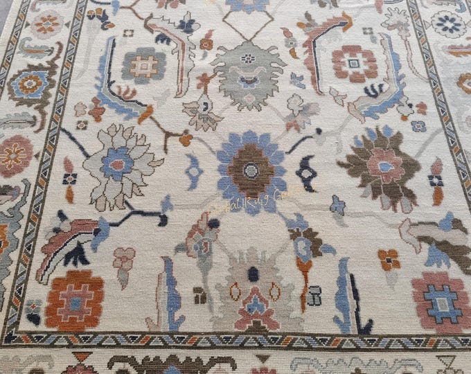 Handmade Oushak Wool Rug | Ivory, Blue, Rust Floral Medallion