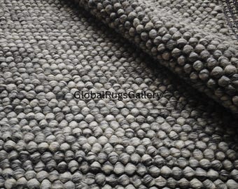 Handwoven Gray Wool Felt Ball Rug, Chunky Scandinavian Area Rug