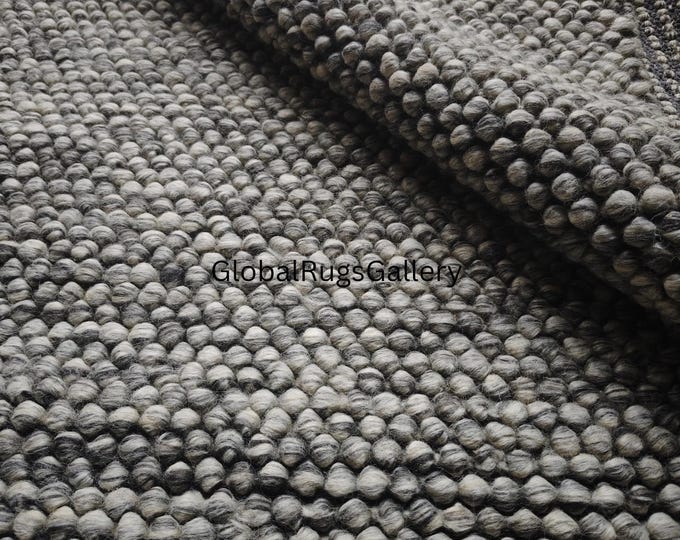 Handwoven Gray Wool Felt Ball Rug, Chunky Scandinavian Area Rug