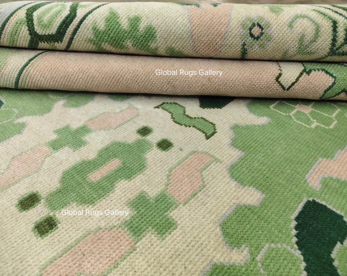 Green Cream Area Rug, Vintage Floral Rug, Sage Green Rug, Geometric Rug, Handmade Living Room Rug, Boho Neutral Carpet