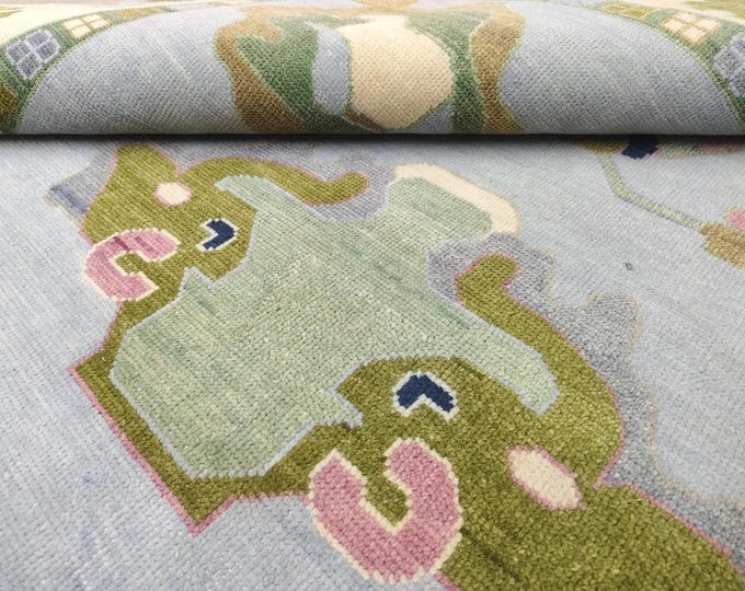 Pastel Oushak Rug, Handmade Wool Area Rug, Light Blue Turkish Style Rug, Vintage Floral Rug, Custom Size Living Room Rug, Nursery Rug