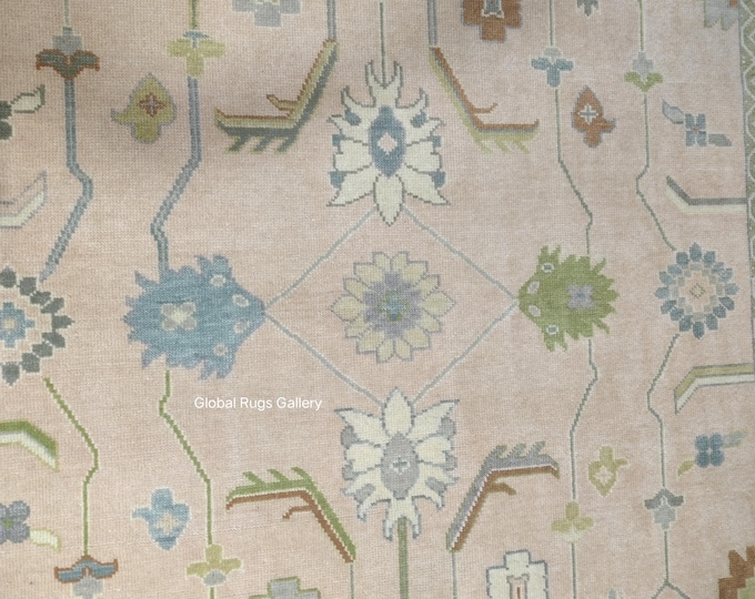 Hand-Knotted Wool Rug: Oushak Style Pastel Floral Carpet – Soft Pink, Blue, Green