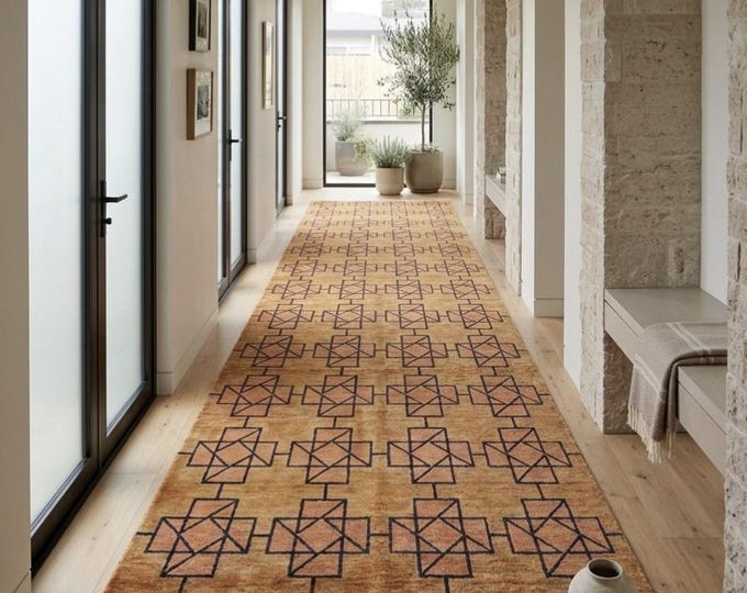 Hand Knotted Wool Rug, Modern Geometric Area Rug, Beige Brown Tribal Carpet, Contemporary Living Room Rug, Scandinavian Style Rug, Handmade