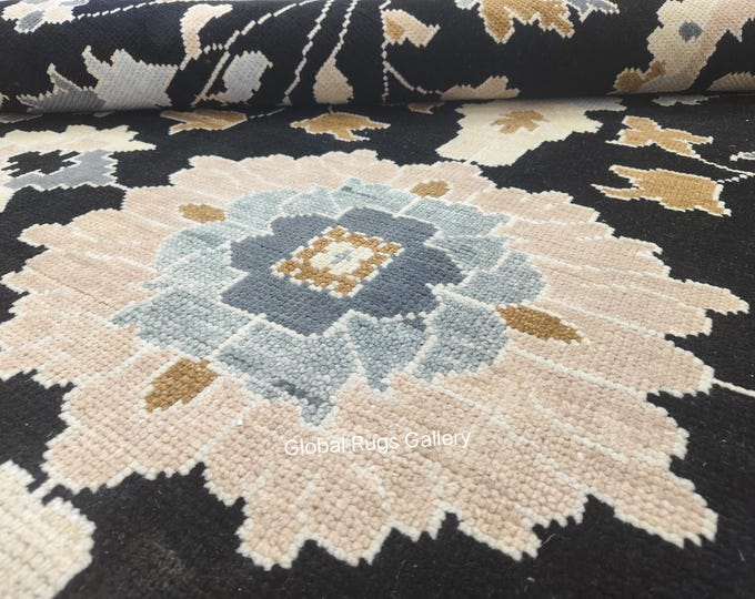 Hand Knotted Black Oushak Wool Rug, Floral Turkish Area Carpet