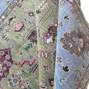 Handmade Oushak Wool Rug: Green & Blue Turkish Knot, Floral Design