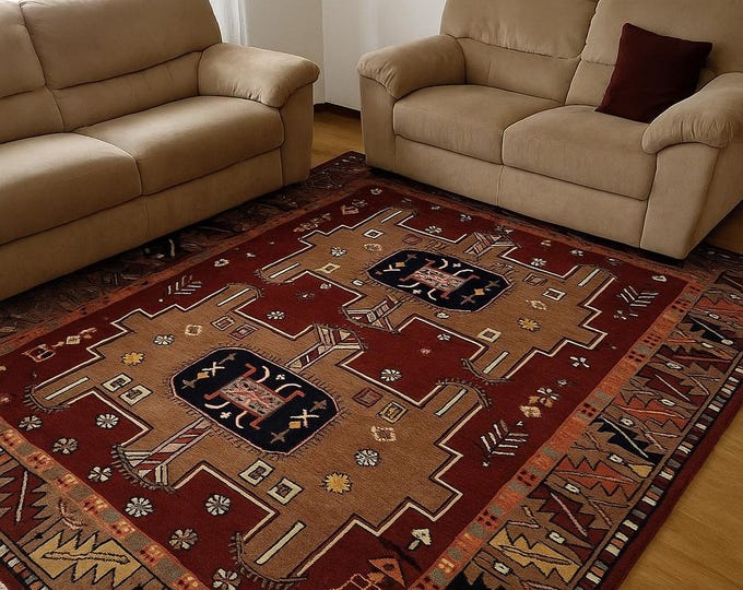 Red Turkish Wool Rug 9x12, Hand Knotted Floral Medallion Vintage Carpet