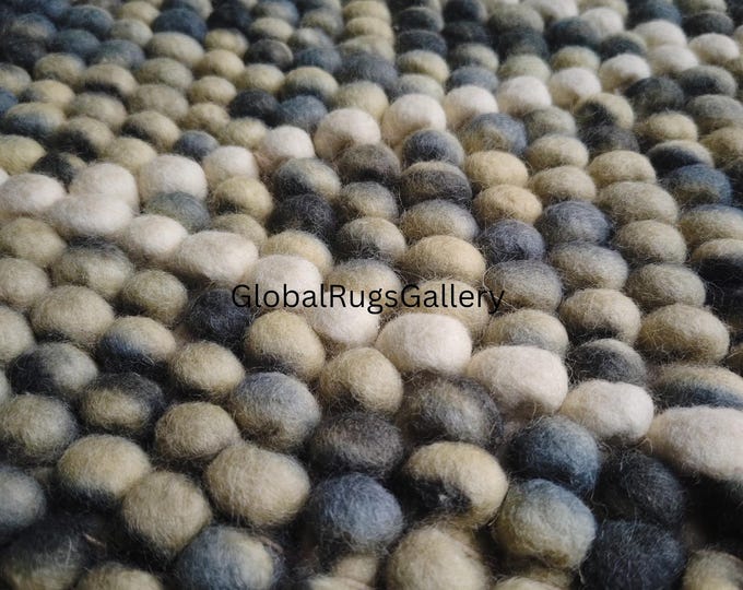 Handwoven Wool Felt Ball Rug, Chunky Neutral Farmhouse Rug