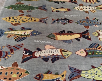 Quick Ship Handmade Wool Fish Rug, Nautical Coastal Kids Room Decor, 2x4