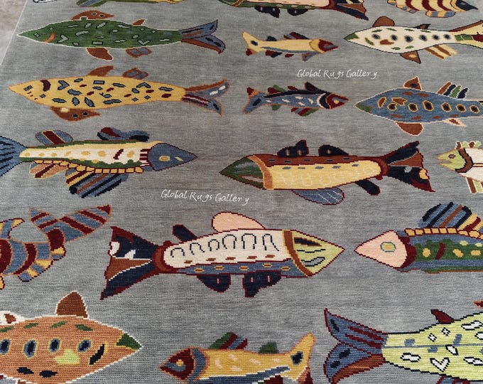 Quick Ship Handmade Wool Fish Rug, Nautical Coastal Kids Room Decor, 2x4