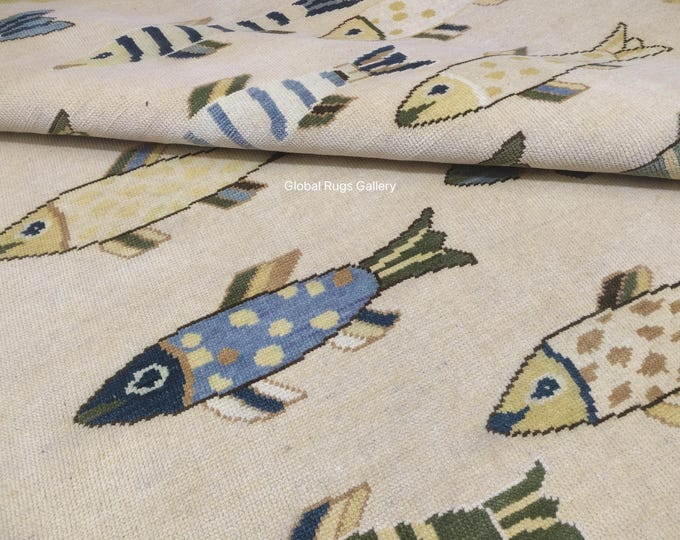 Handmade Fish Rug, Nautical Coastal Area Rug, Ocean Animal Carpet, Beach House Decor, Kids Room Nursery Rug