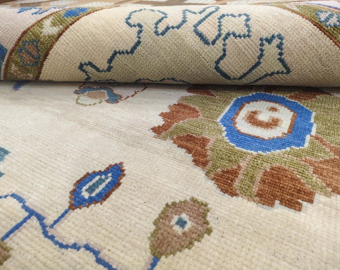 Hand Knotted Oushak Wool Rug, Blue Brown Beige Turkish Style Carpet