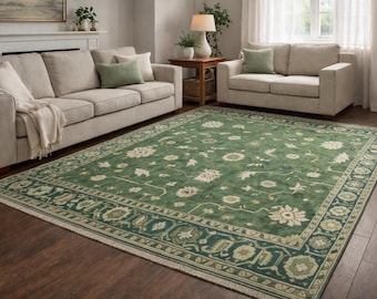 Hand Knotted Green Oushak Rug | Vintage Floral Wool Carpet