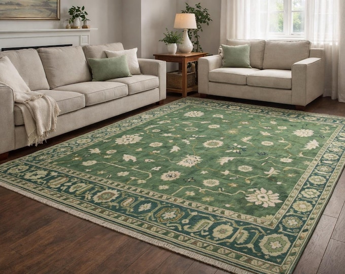 Hand Knotted Green Oushak Rug | Vintage Floral Wool Carpet