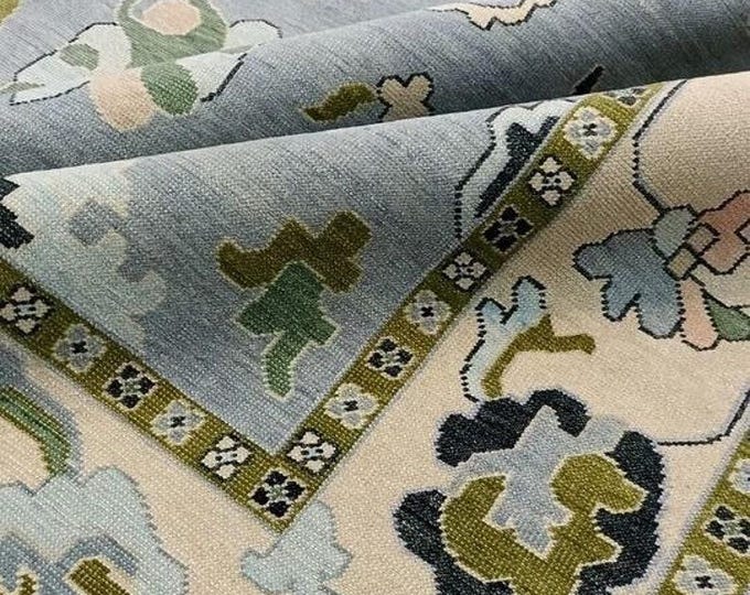 Hand Knotted Oushak Wool Rug: Blue Floral Vintage Style rug for living room bedroom