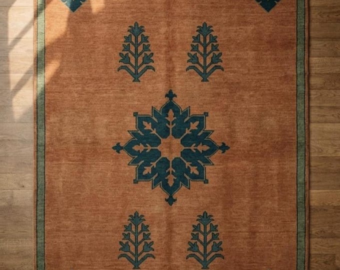 Handmade Terracotta Tribal Medallion Rug, Minimalist Boho Geometric Carpet