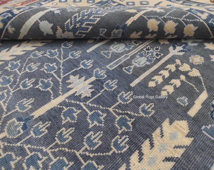 Hand Knotted Blue Tree of Life Oushak Rug, Vintage Turkish Wool Area Rug
