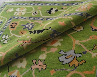 Hand Knotted Oushak Wool Rug – Green Floral Boho Area Carpet for living room bedroom