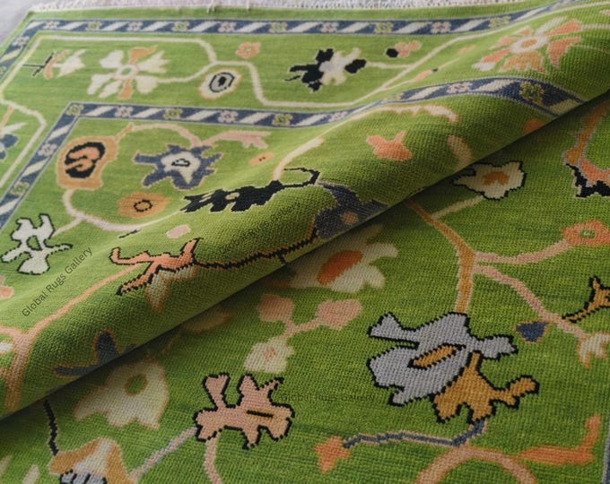 Hand Knotted Oushak Wool Rug – Green Floral Boho Area Carpet for living room bedroom