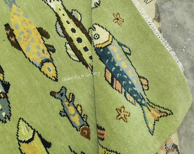 Hand Knotted Wool Rug 9x12: Green Oushak Style Fish Carpet