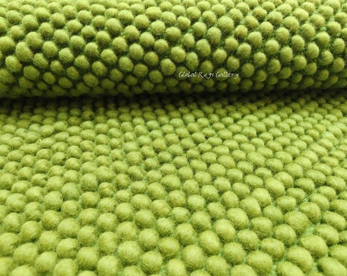 Handwoven Green Wool Pebble Rug, Chunky Texture, Modern Minimalist Carpet