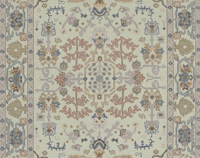 Handmade Wool Oushak Rug: Pastel Floral Turkish Area Rug – Living Room Beige Blue