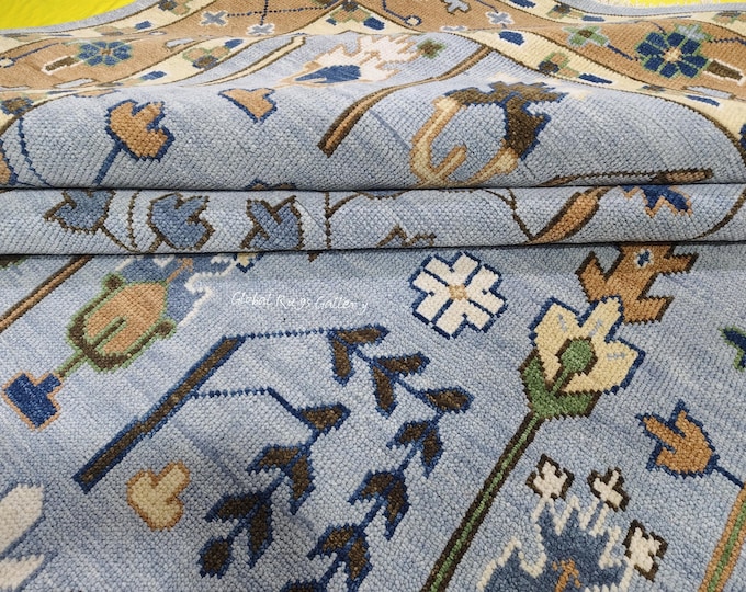Handmade Blue Floral Wool Rug 9x12 ft, Indian Tribal Design