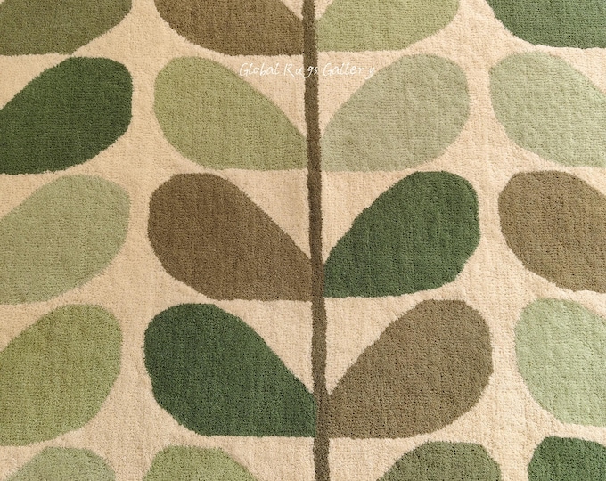 Handmade Wool Area Rug, Green Leaf Botanical Design, Scandinavian Style