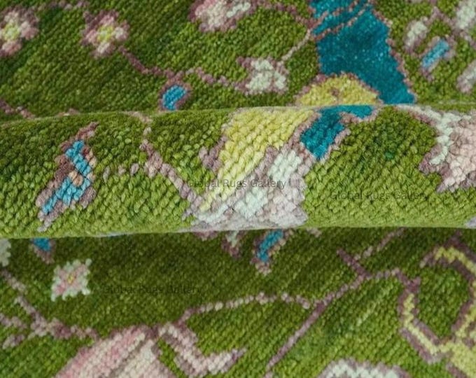 Hand Knotted Wool Oushak Rug – Green Birds & Tree, Vintage Style for living room bedroom