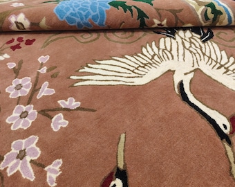 Dusty Peach Crane Rug, Floral Area Rug, Bird Botanical Rug, Handmade Wool Rug, Living Room Rug, Oriental Rug, Custom Size Rug