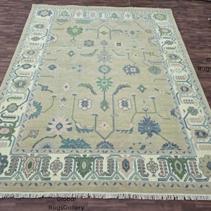 Antique Muted Green Turkish Rug: Distressed Floral Oushak