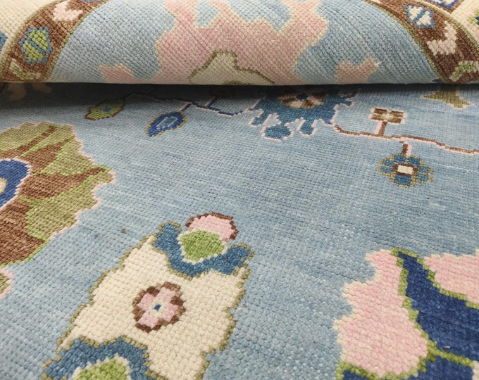 Hand Knotted Oushak Rug 9x12, Sky Blue Wool, Turkish Pastel Area Carpet