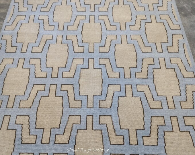 Hand Knotted Wool Rug, Geometric Tribal Design, Light Blue Beige Scandinavian Carpet