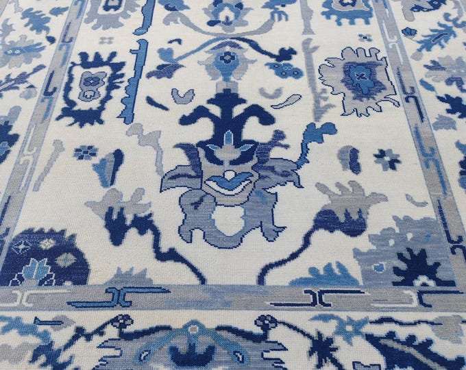 Hand Knotted Wool Oushak Rug, Ivory Blue Turkish Style Area Rug