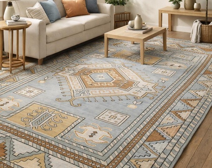 Handmade 9x12 Oushak Wool Rug, Golden Turkish Medallion Area Rug for Living Room Bedroom