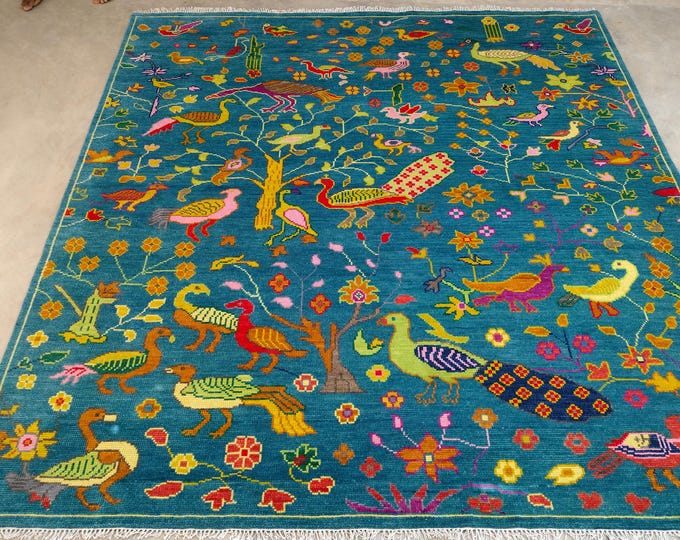 Hand Knotted Wool Peacock Bird Rug: Turkish Oushak Inspired, Maximalist Living Room Area Rug