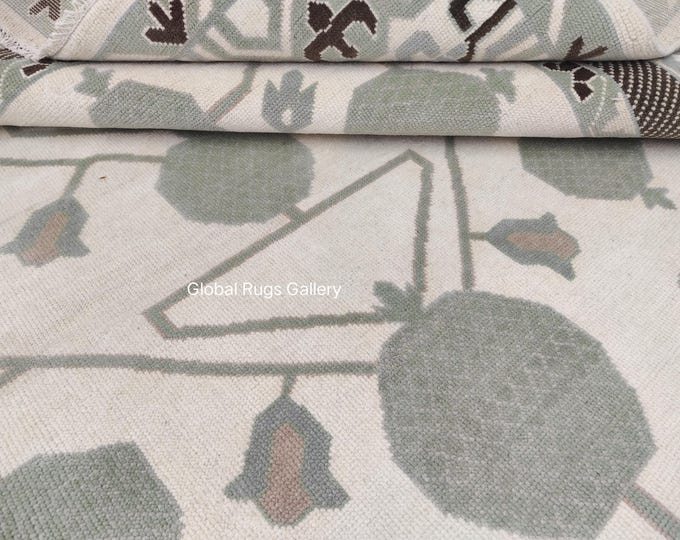 Hand Knotted Wool Rug, Muted Green and Cream Vintage Style Area Rug, Boho Chic Geometric Carpet, Bedroom Aesthetic, Neutral Living Room Rug