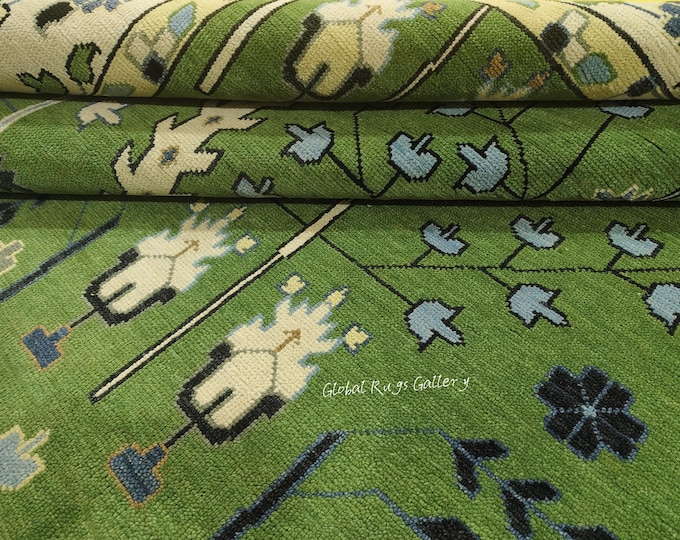 Hand-Knotted Wool Oushak Rug: Olive Green, Brown & Beige - 8x10/9x12