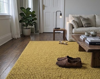 Mustard Yellow Wool Rug, Hand Tufted Chunky Loop Carpet, Modern Minimalist Home