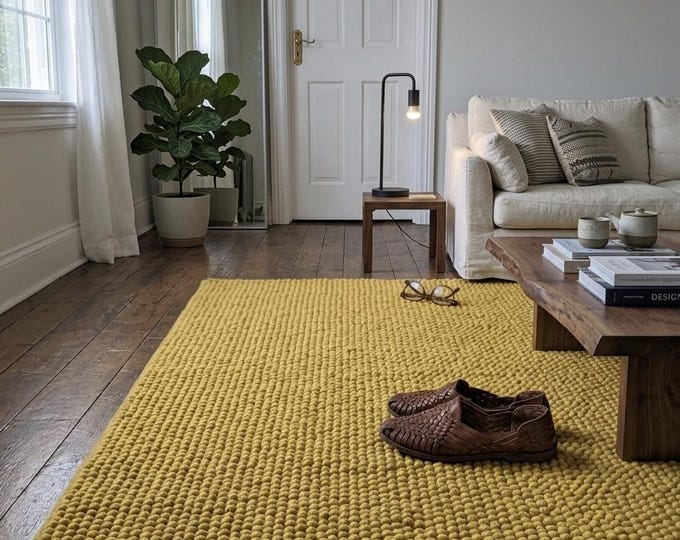 Mustard Yellow Wool Rug, Hand Made Chunky Loop Carpet, Modern Minimalist Home