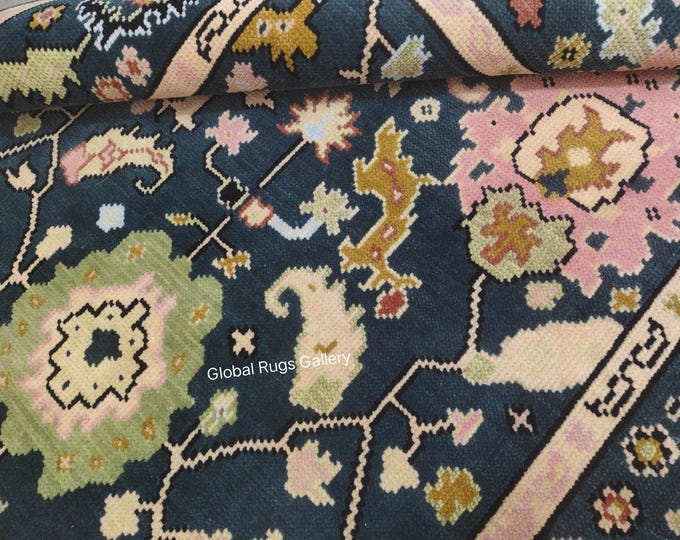 Hand Knotted Oushak Wool Rug, Navy Floral Animal Turkish Style Carpet
