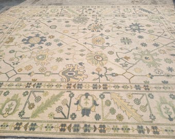 Hand Knotted Wool Oushak Rug | Beige & Sage Green Turkish Carpet