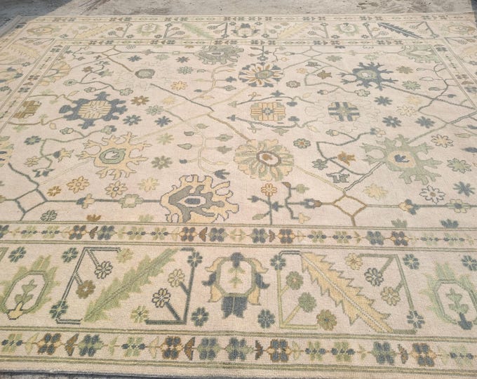 Hand Knotted Wool Oushak Rug | Beige & Sage Green Turkish Carpet