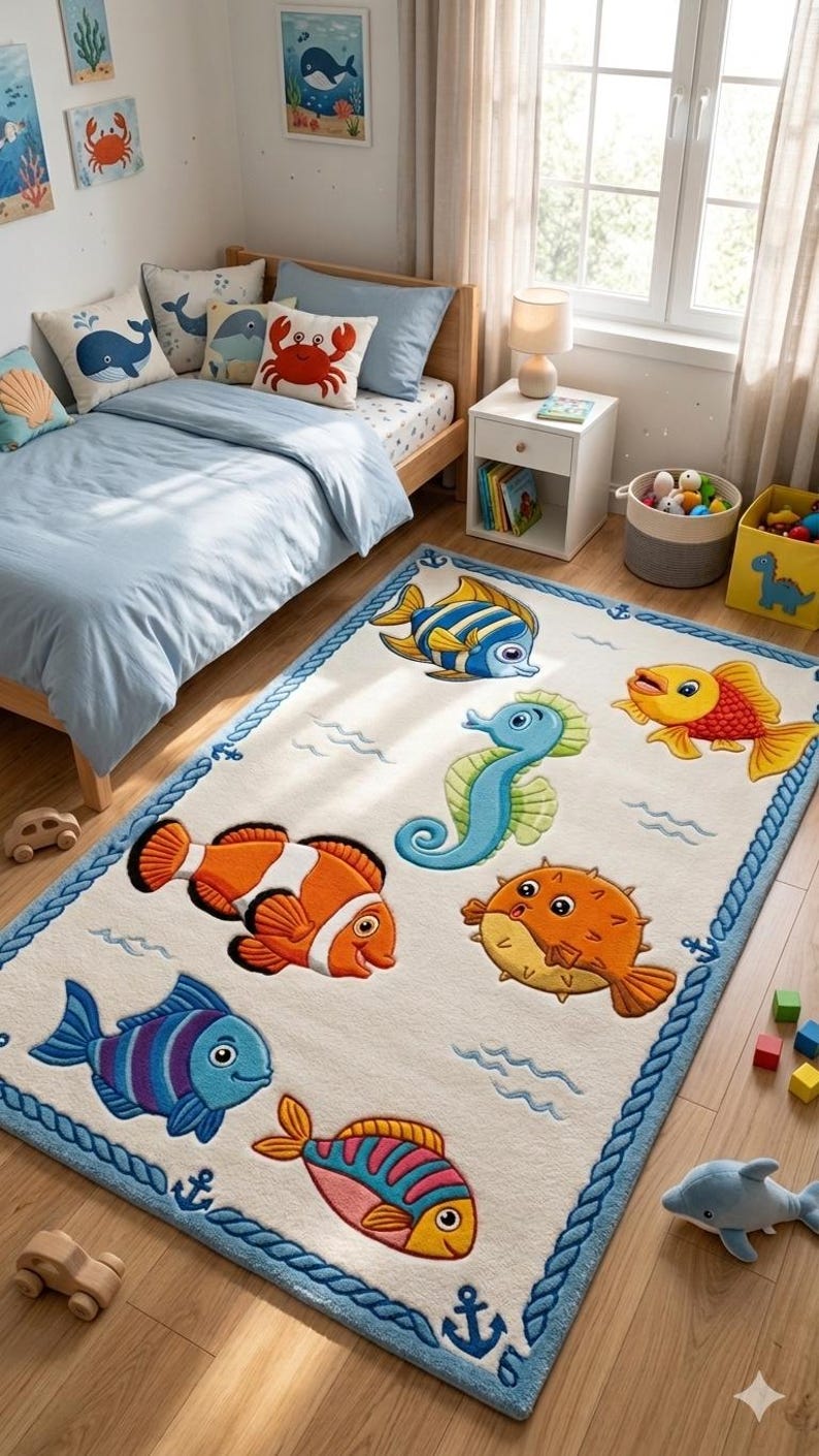 Kids Fish Rug, Hand Tufted Wool Rug, Nursery Ocean Rug, Cartoon Animal ...
