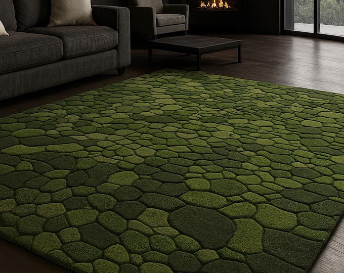 Hand Tufted Wool Rug: Green Moss Pebble Texture, Organic Modern Style