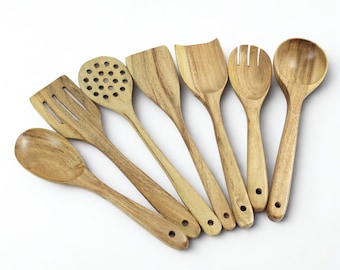 wooden Utensil set | kitchen cooking set | Acacia wood handmade spoon | 7 Pcs spoons & spatula | Baking Serving Mixing – Christmas gift .