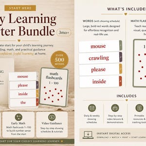 May include: Baby Learning Starter Bundle featuring an Early Learning Guide, word cards with red text including mouse, crawling, please, and inside, and math flashcards numbered 1-100 with red dots. Includes digital access to schedules and video lessons.