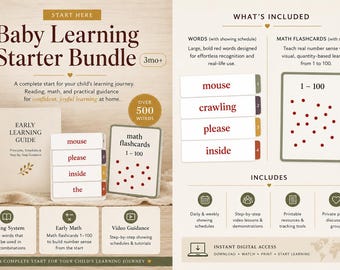 Paquete de iniciación al aprendizaje para bebés: Tarjetas didácticas de lectura y matemáticas (PDF y vídeo)