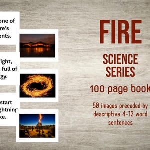 May include: A book cover with the title "FIRE" in large, red letters. The book is part of the "SCIENCE SERIES" and contains 100 pages. The cover includes images and descriptive sentences about fire.