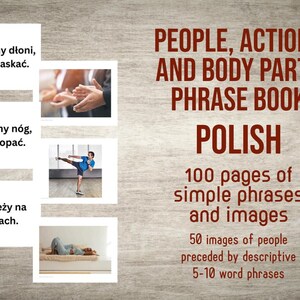 Può includere: Una copertina di libro con il titolo "People, Actions and Body Parts Phrase Book: Polish". La copertina è marrone con testo bianco e immagini di persone che applaudono, calciano e giacciono. Il libro contiene 100 pagine di frasi semplici e immagini.